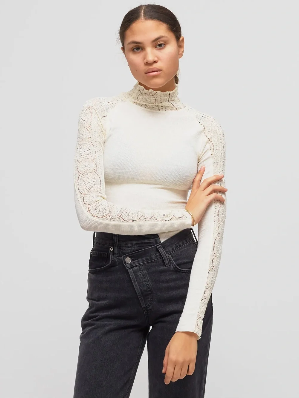 Free People Freddie Long Sleeve Lace Top White Size Large